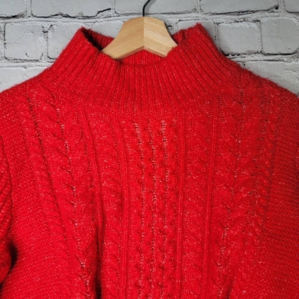 Loft Red Wool Blend‎ Cropped Mock Turtleneck Cable Knit Soft Sweater Size L - Picture 3 of 12